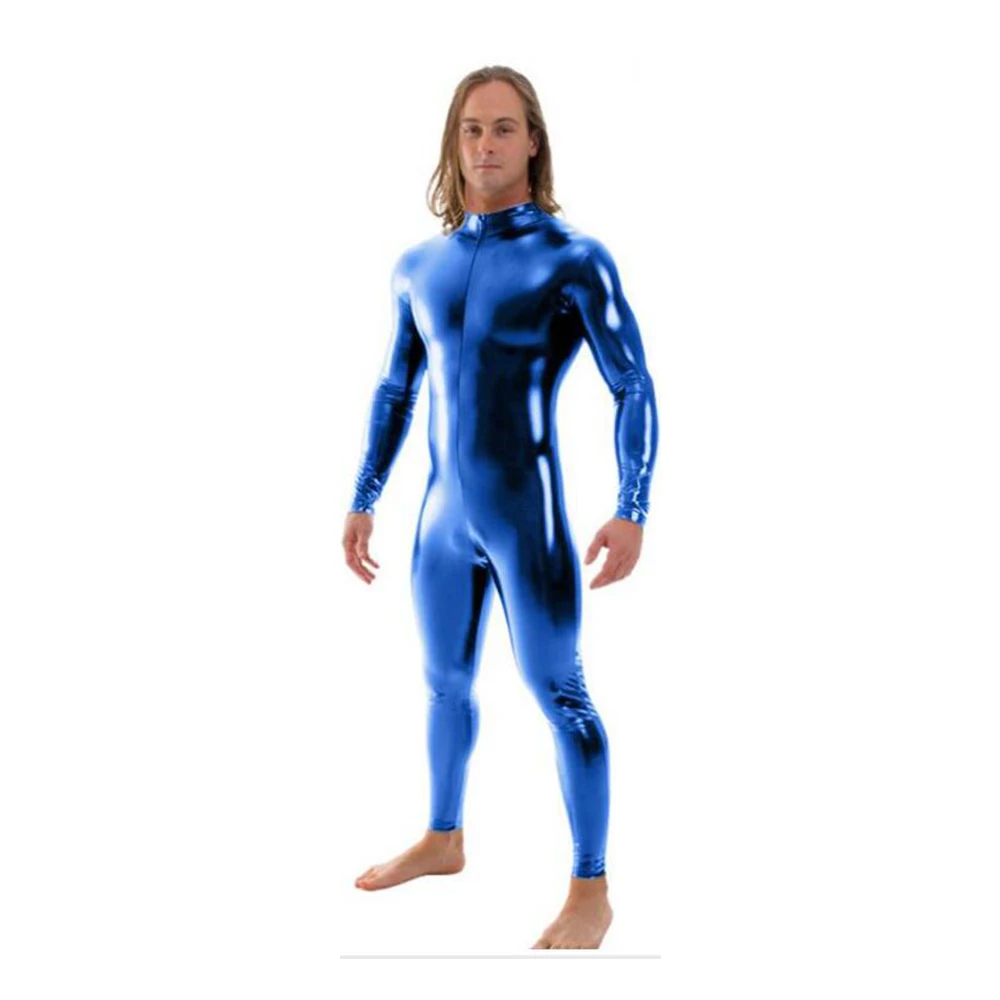 Metallic Lycra Turtleneck Long Sleeve Unitard Black Adult One Piece Wet Look zipper front Mock Neck Shiny Dance Catsuit | Тематическая