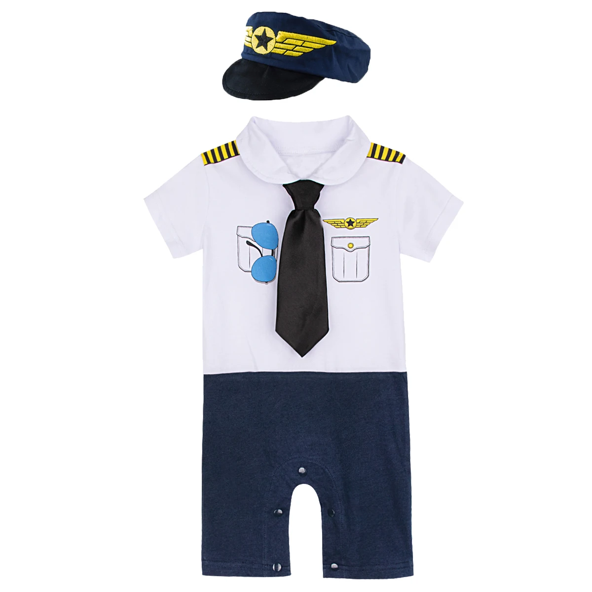 Фото Baby Boys Pilot Romper Outfits Infant Cosplay Jumpsuit Toddler Clothing Sets with Tie Hat Newborn Costume Short Cotton Outfits №1