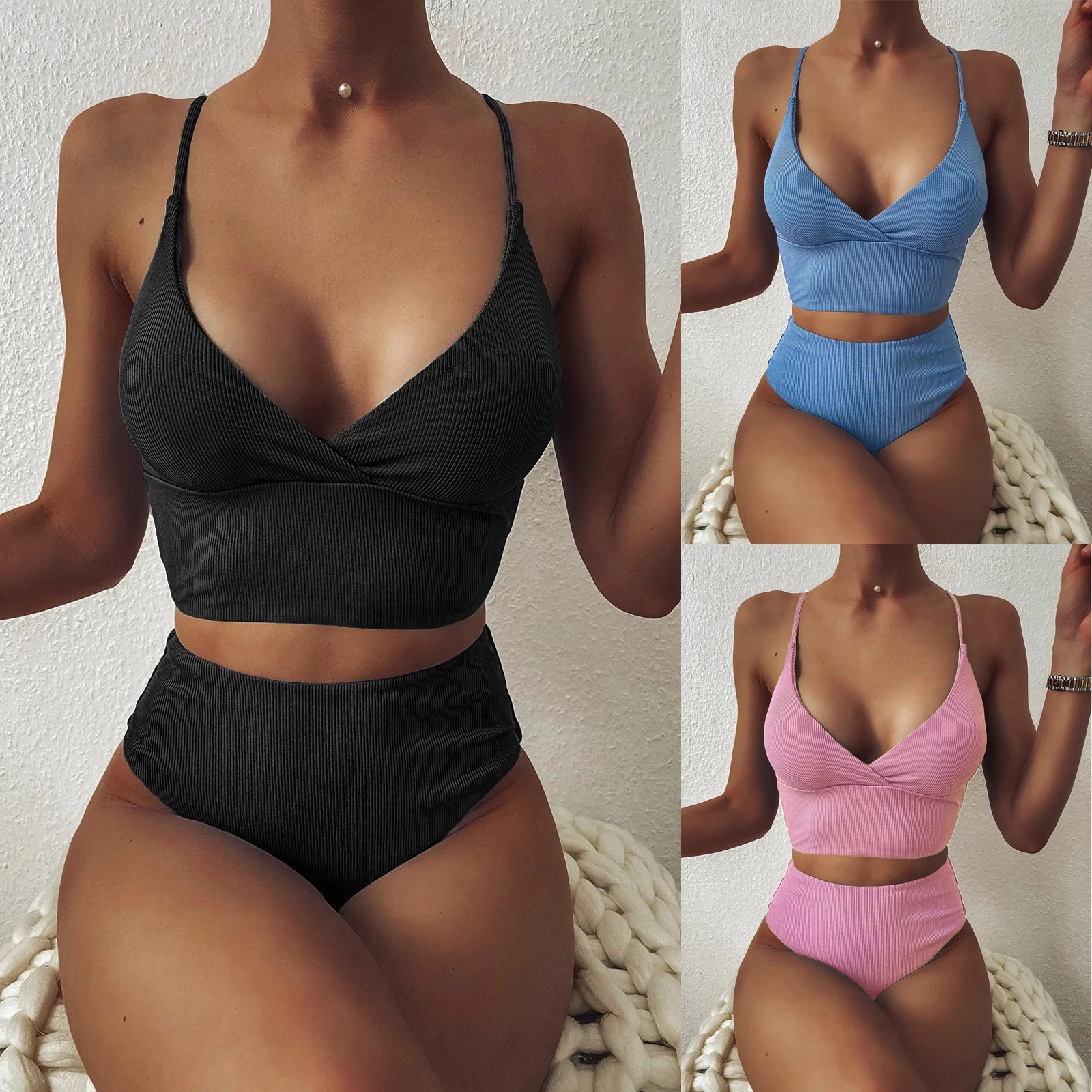 

2021 Two-piece Fashion Bikini Set Swimwear Women Swimsuit Sexy Bandeau Bandage High Waist Set Push-up Brazilian Solid Bikini L*5