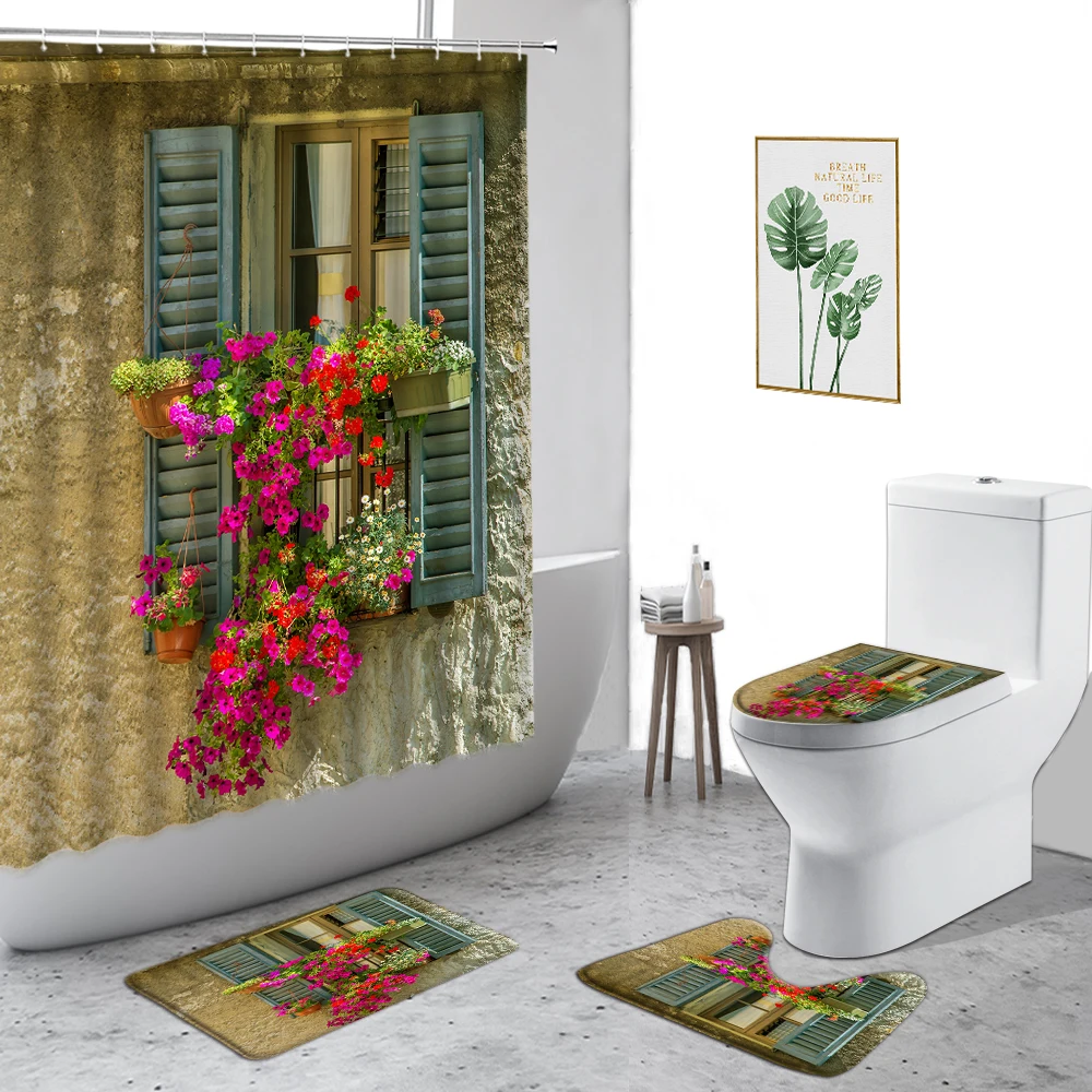 

Spring Garden Shower Curtain Flower Plant Retro Fence Street View Pastoral Theme Bathroom Decor Set Non-Slip Carpet Toilet Cover