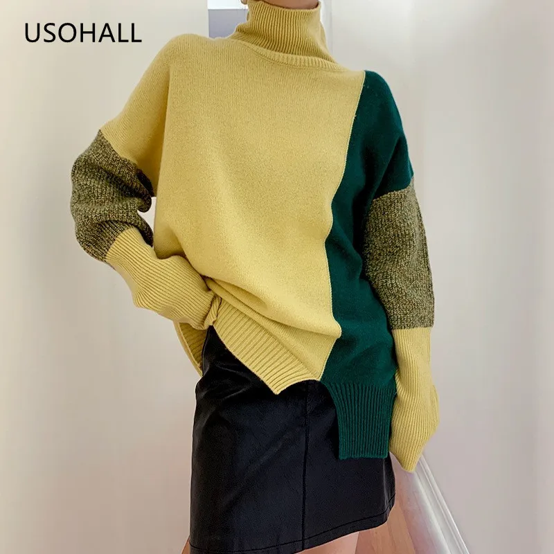 

USOHALL 2021 Autumn Winter Turtleneck Women Sweaters Pullover Loose Patchwork Soft Warm Knitted Tops Jumper