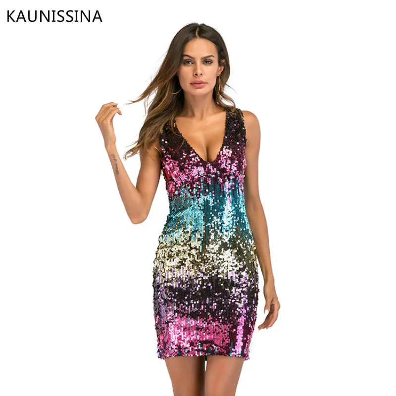 KAUNISSINA Women Cocktail Dress Fashion Homecoming Dresses Sleeveless Dress Sequins Stitching Sexy Bodycon Mini Dress Party Prom