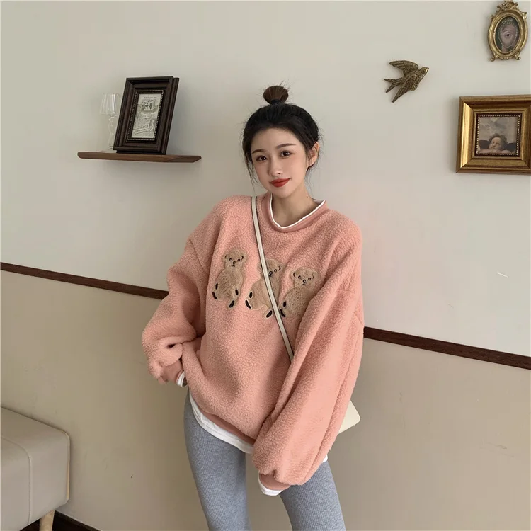 Модная утолщенная овечья шерсть с вышивкой медведя | Женская одежда