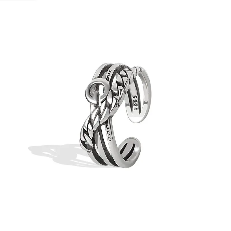

Retro Double Rope Chain Letters Open Rings For Women 925 Sterling Silver Female Vintage Jewelry 16.5mm Adjustable