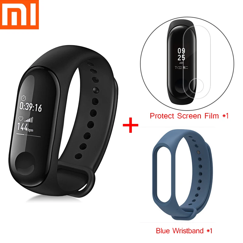Синий Xiaomi mi смарт-браслет 3 фитнес-браслет mi Band 3 большой сенсорный экран сообщение время сердечного ритма Smartband D30 - Цвет: Синий