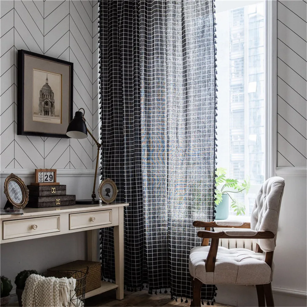 

1.5M Width Lattice Curtain Printing Tassel Kitchen Living Room Curtain Cotton Linen Semi-shading Bay Window Curtain Home Decor