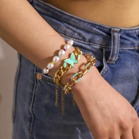 ins exaggerated rainbow thick chain set temperament butterfly pearl multilayer bracelet personalized wrist ornament for women