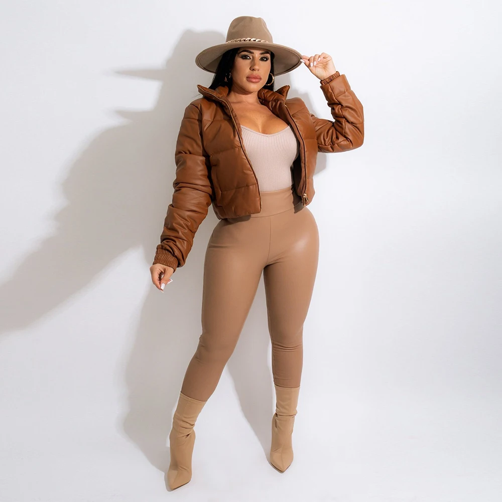 

Hipster Cute Women's PU Puffer Down Jackets Winter Warm Full Sleeve Bubble Coats Leather Parkas Casual Cropped Outerwear Clothes