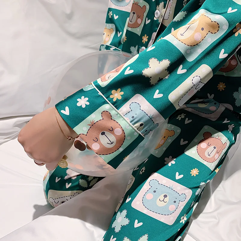 

2020 Summer Long sleeve Satin Pajama Set Turn-down Collar Nightgown Cute Bear Sleepwear Long Pant Spring Nightsuit