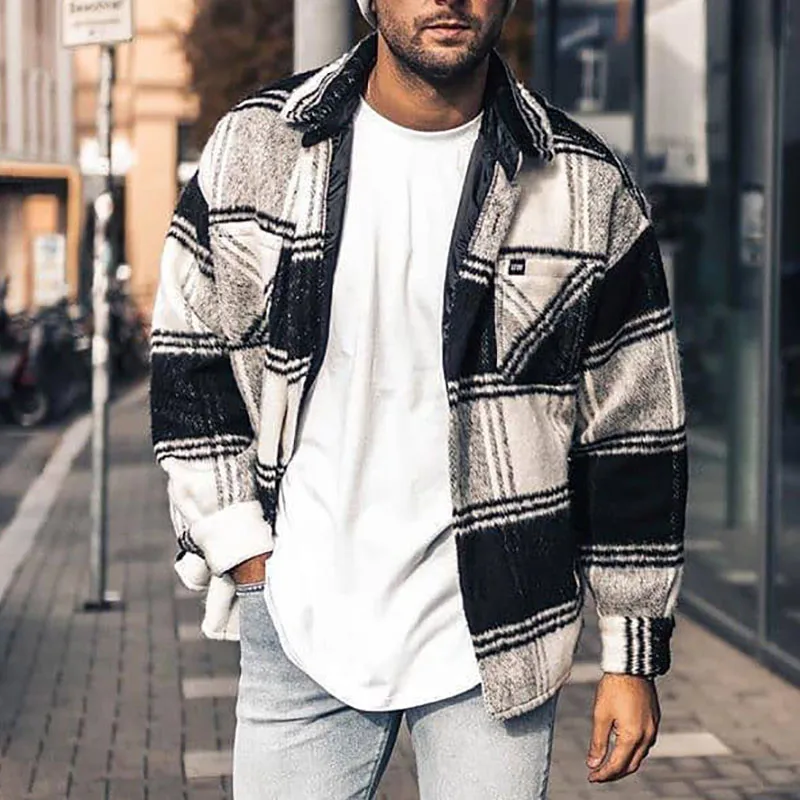 

Осень 2021, популярный стиль, повседневная универсальная мужская клетчатая куртка с отложным воротником в европейском и американском стиле