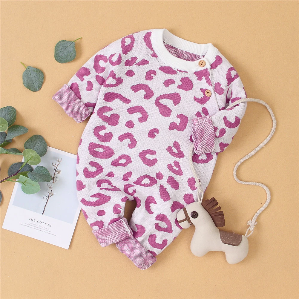 Leopard Print Infant Baby Boy Girl Knitted Romper Long Sleeve Button Wool Sweater Jumpsuit Winter Clothes Set | Детская одежда и