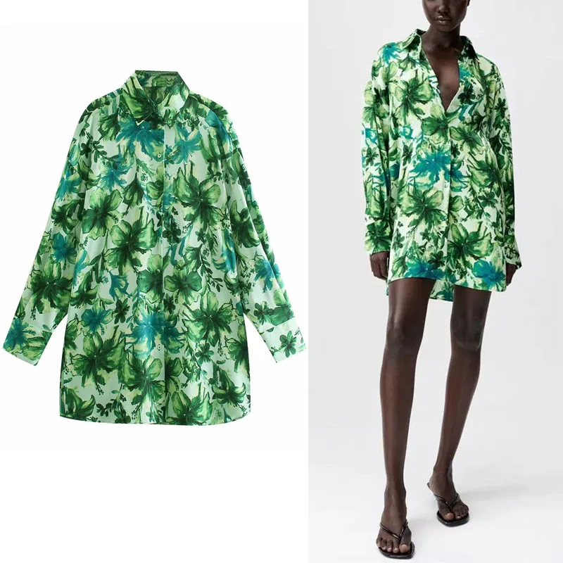 

Woman 2021 Summer Casual Green Print Shirt Za Fashion Lapel Single-breasted Long Sleeve Shirt Loose Large Size Chic Floral Shirt