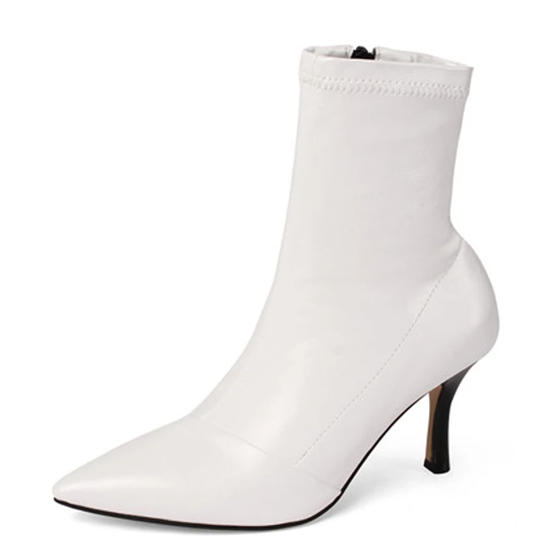 

FOREADA High Heel Woman Boots Pointed Toe Mid Calf Boots Stiletto Heel Shoes Zip Ladies Boots Autumn Winter White Blue Size 43