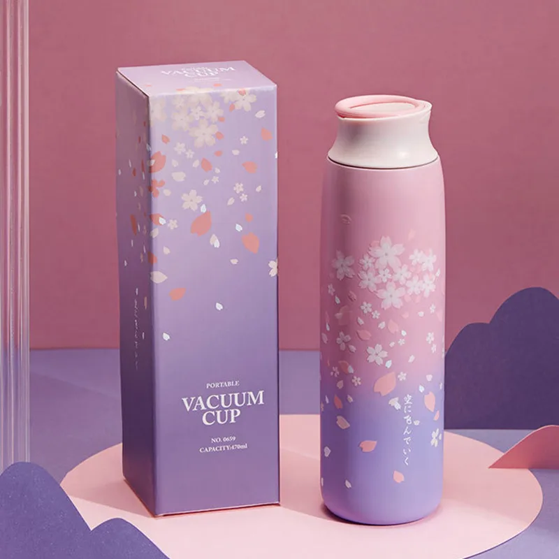 

Bottle Japanese Style Bottle Vacuum Water Tumbler Coffee 470ml Thermos Big Mug Flask Travel Insulated Stainless Cherry Steel Mug
