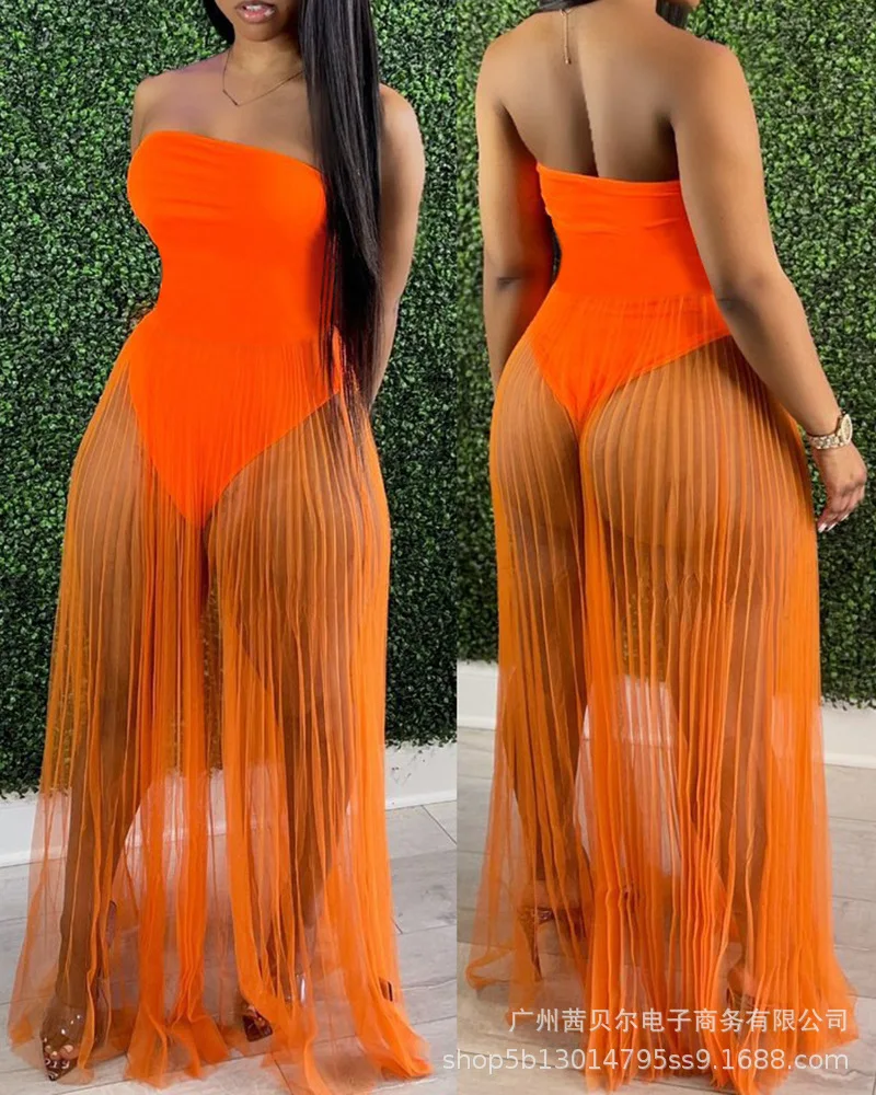 Женское безрукавное безбретельное платье макси с обернутой грудью из одного куска сексуальной прозрачной сетчатой ткани до пола.