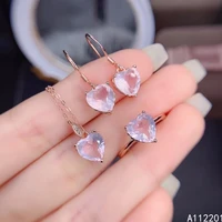 fine jewelry 925 pure silver inset with natural gem womens luxury lovely heart rose quartz pendant ring earring set support det