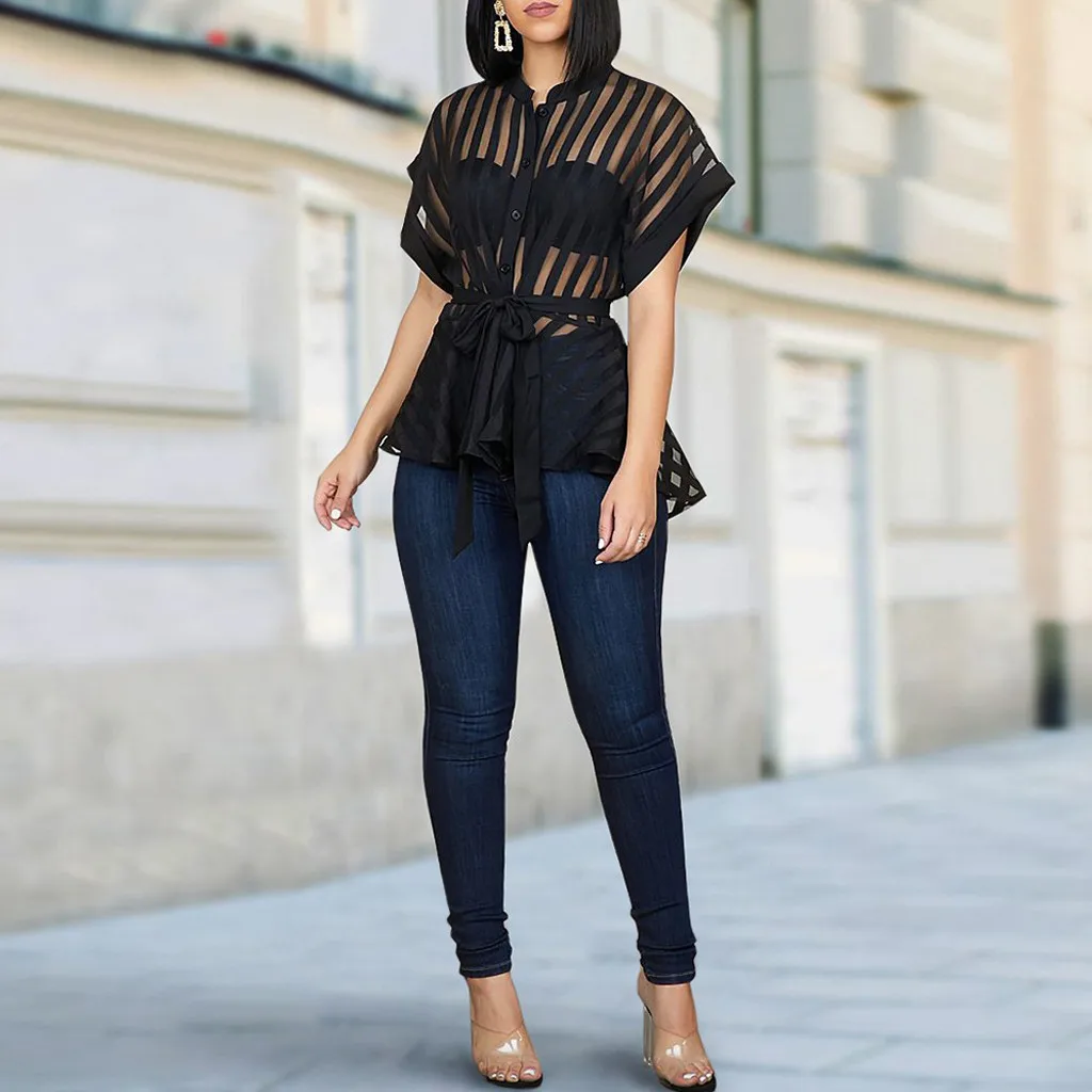 Сексуальные модные сетчатые полосатые прозрачные блузки рубашки женские топы