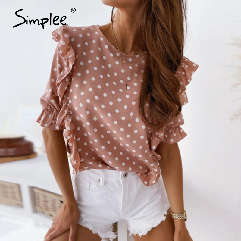Простая блузка в горошек Женская Повседневная шифоновая рубашка топы с рюшами и