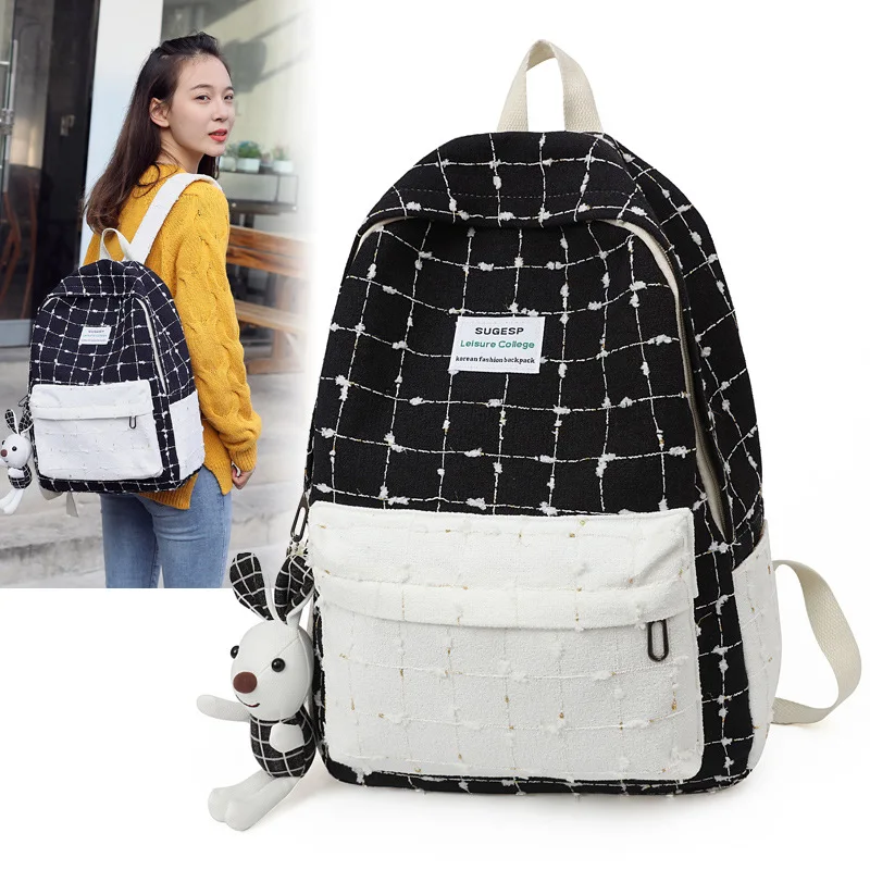 

College Style Women's Backpack Fashion Plaid Student Linen School Bag Multi-Pockets Large Capacity Breathable Light Travel Bags