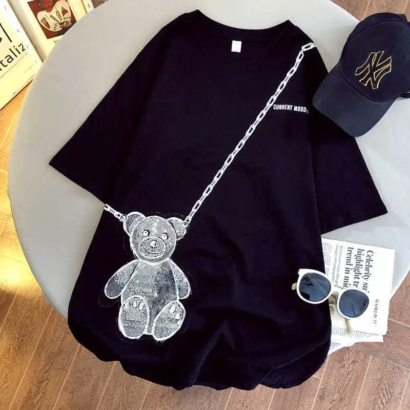 

Футболка с коротким рукавом для девочек, новинка 2021, пальто, модная детская футболка с коротким рукавом среднего и большого медведя для мале...