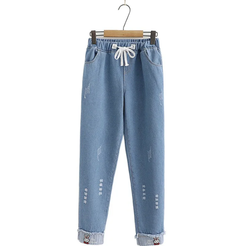 

Plus Velvet Casual Straight Denim Pants For Women Fleece Cartoon Embroidery Warm Jeans 2020 Winter Elastic Waist Pocket Trousers