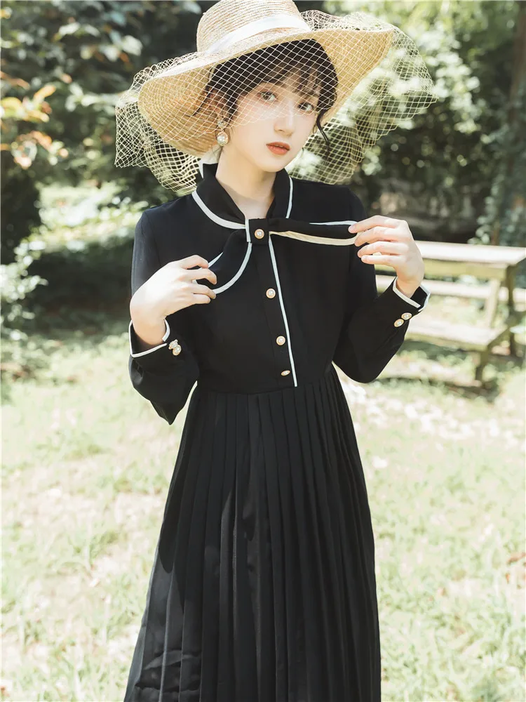 

2019 Новое модное женское французское винтажное Плиссированное черное платье