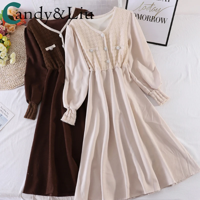 

Женское облегающее платье средней длины, универсальное ТРАПЕЦИЕВИДНОЕ ПЛАТЬЕ с завышенной талией и юбкой в Корейском стиле, Осень-зима 2657