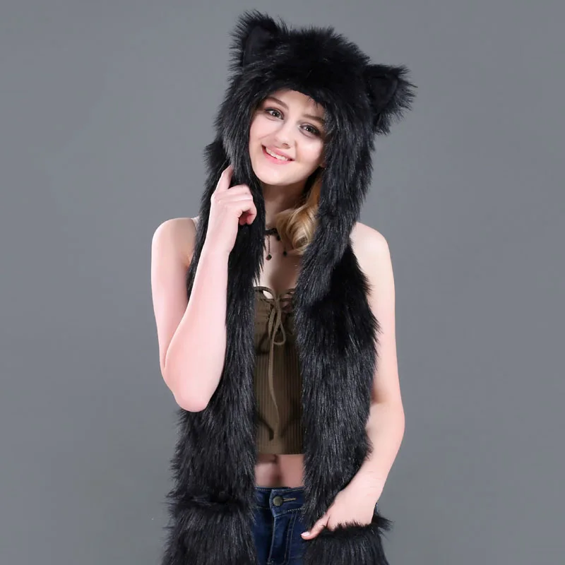 

Faux Fur Winter Women Animal Hat Ear Flaps Hand Pockets 3 in 1 Plush Warm Cartoon Hat Scarf Gloves Set Girl Novelty Caps WF198