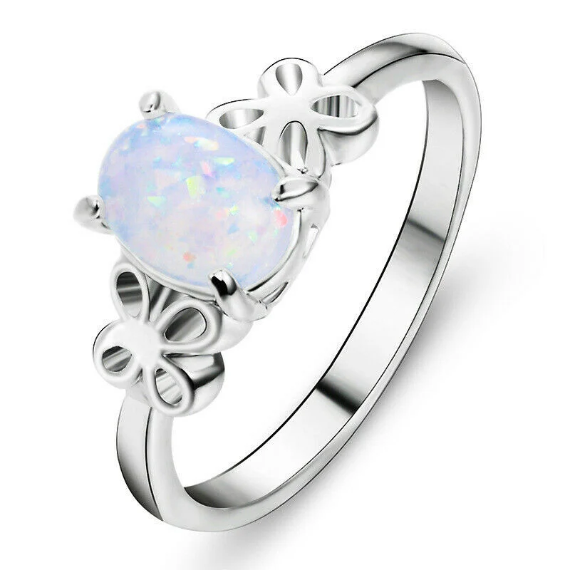 

Elegant Women Silver White Simulated Opal Butterfly Ring Wedding Jewelry Size 6-10