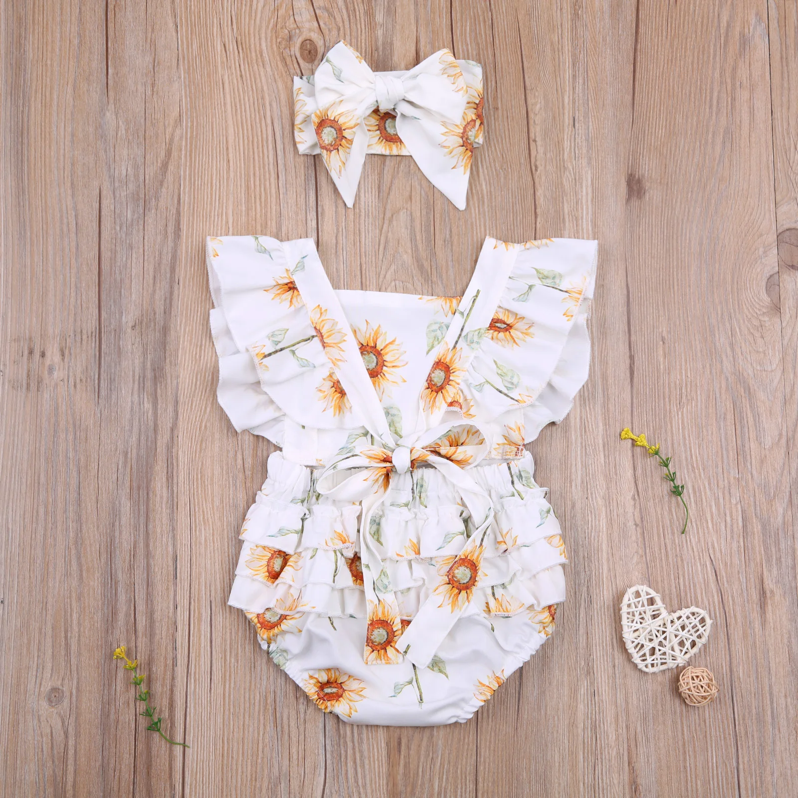 

Pudcoco 2021 Summer 0-24M Baby Girl 2Pcs Set Sunflower Print Flared Short Sleeve Back Bow Ruffled Bodysuit+Headband Clothes