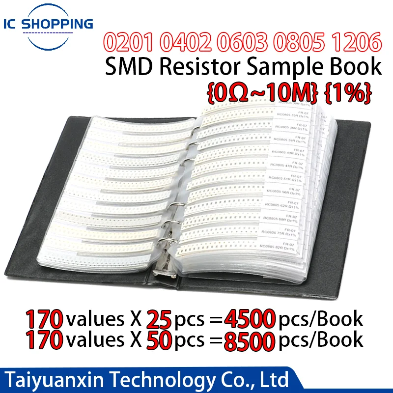 

A Book 0201 0402 0603 0805 1206 SMD Resistor Book 1% Capacitor Resistance Package Component Sample SMT Chip Book Assortment Kit