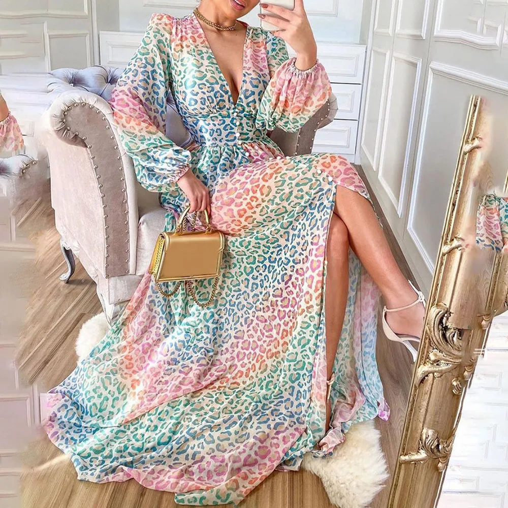 

2021 summer new style western-style temperament printing leopard print V-neck long-sleeved women's high waist loose casual dress
