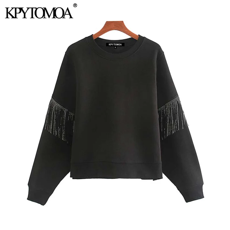 Винтажные стильные Лоскутные Свободные толстовки с кисточками для женщин Модные женские пуловеры с круглым вырезом и длинным рукавом шикарные топы