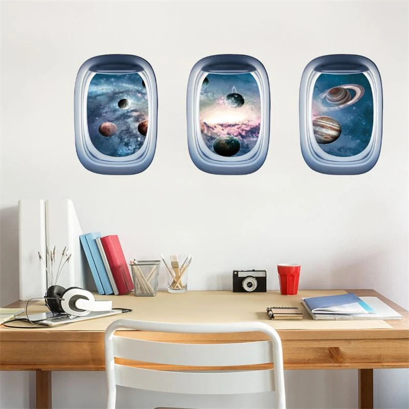 

3D Spaceship Window Wall Stickers For Children's Room Bedroom Living Room Wall Decoration Door Sticker Art Mural