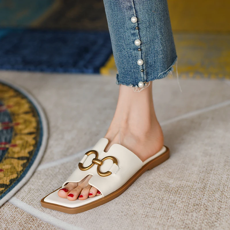 

Women's genuine leather metal buckle slip-on flats outdoor slides casual open toe summer female soft comfortable sandals shoes