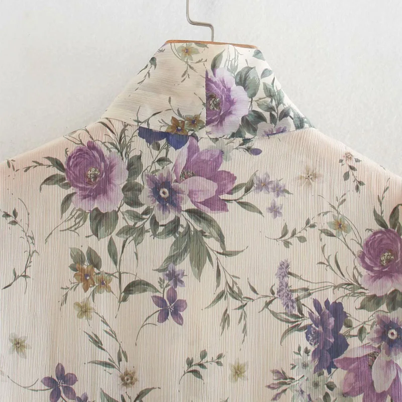 

Fashion Long Sleeve Stand Collar Women's Tops Elegant Bow Decoration Floral Print Shirt Vintage Ruffle Chic Female Chiffon Shirt