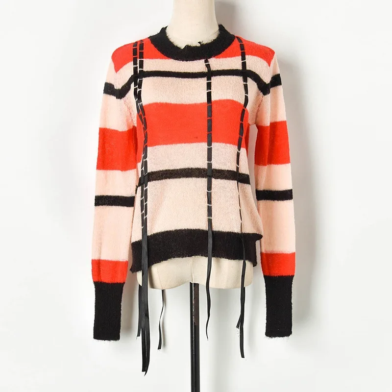 Женский мохеровый свитер осенний с вырезом лодочкой и длинным рукавом полосатые