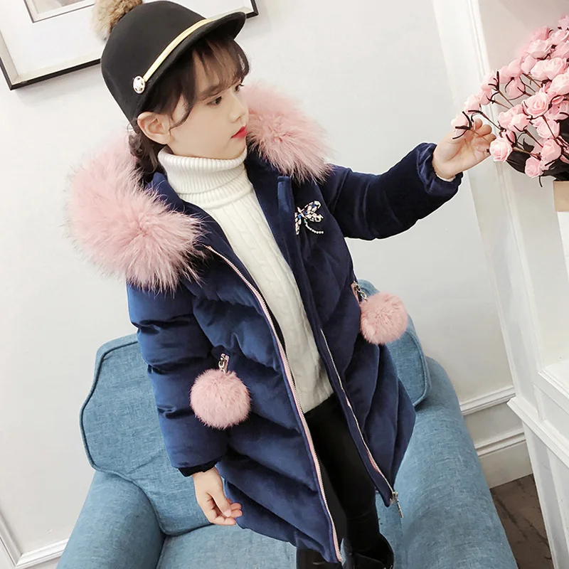 

2021 Children Winter Coat Girls Fur Hooded Thick Long Jacket Hooded Outwears Kids Cotton-Padded Jacket Parkas