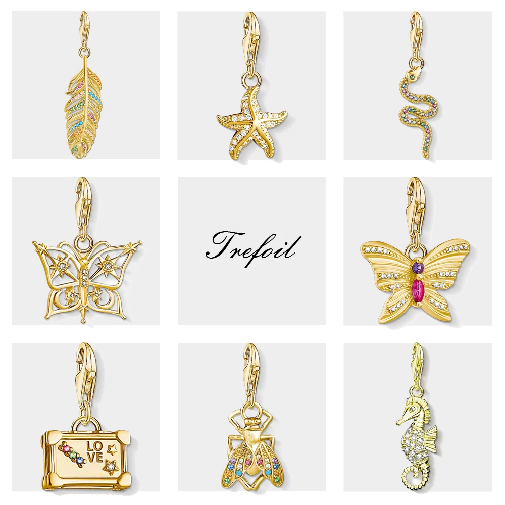 

Golden Charms Pendant Feather Butterfly Seahorse with Colorful Stones Fit Bracelet 925 Sterling Silver Jewelry Gift for Women