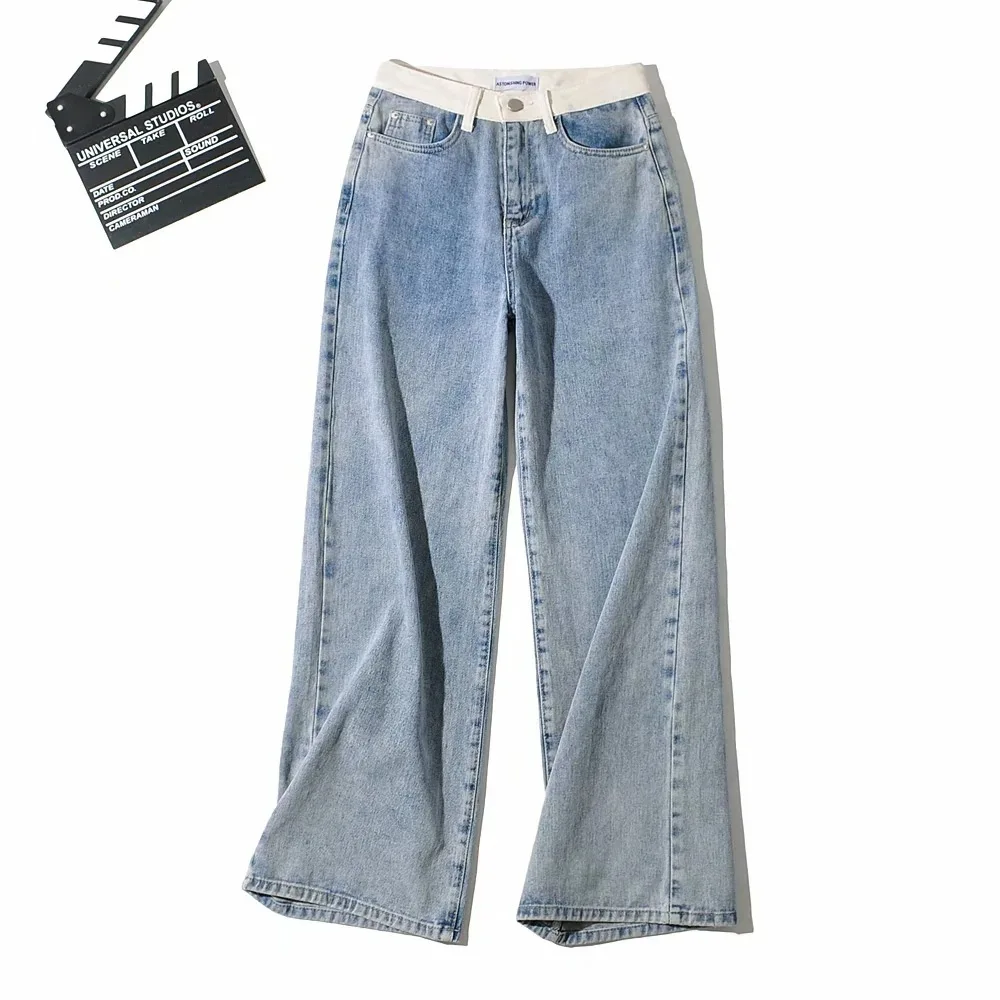 

2020 New Arrivals Woman Autumn High Waist Ladies Jeans Solid Casual Loose High Street Denim Blue Stright Pants