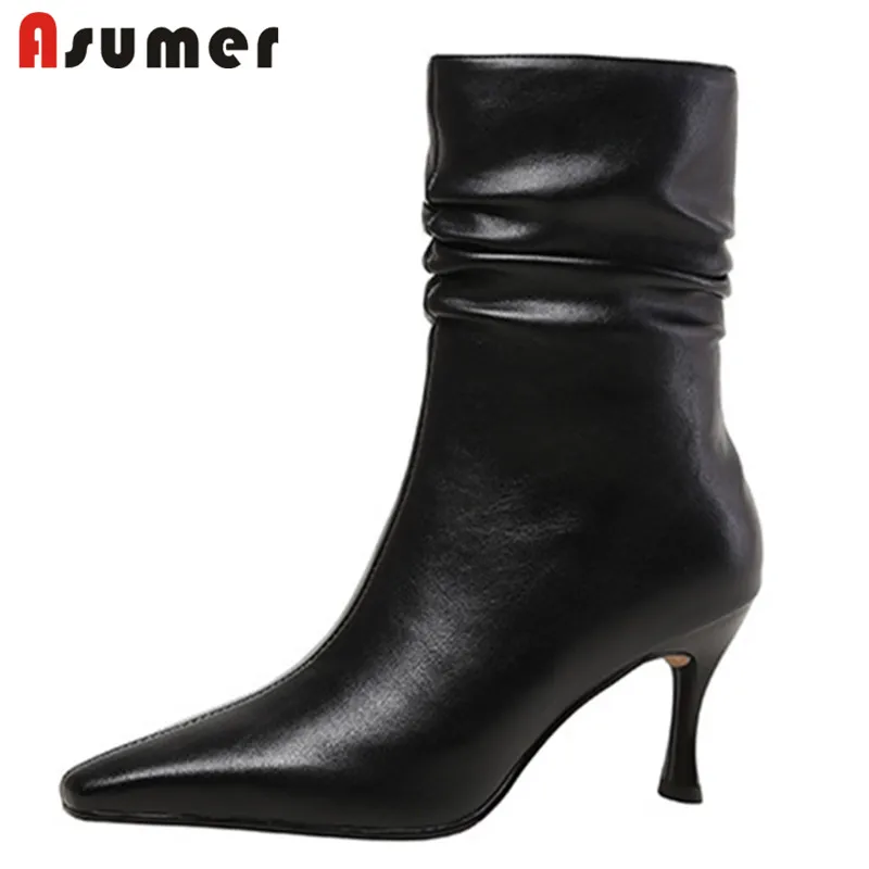 

Asumer 2022 New Arrive Stretch Pu Thin High Heels Boots Women Shoes Pleated Zipper Autumn Dress Party Shoes Women Ankle Boots