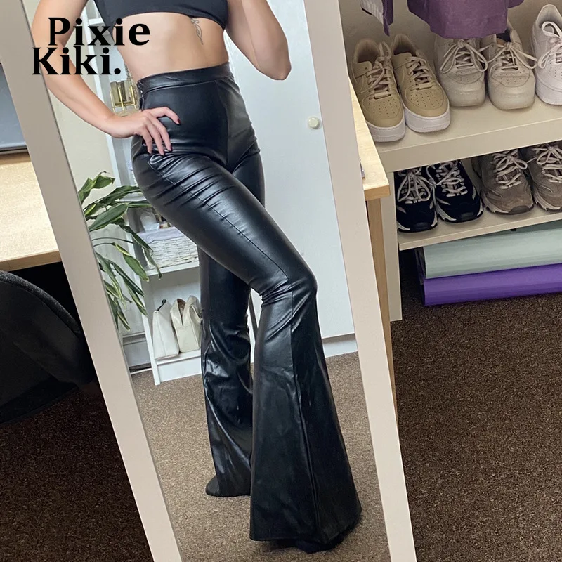 

PixieKiki Black PU Leather Pants Streetwear Women Winter Clothes 2021 Fashion Bell Bottoms Sexy High Waist Flare Pants P84-DC51