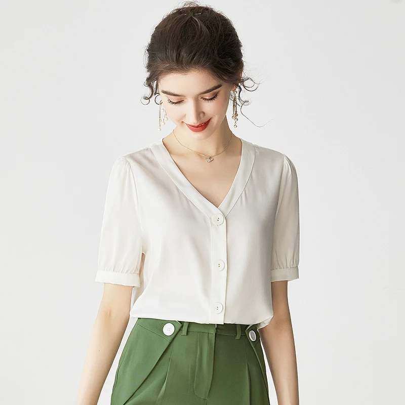 

100% Silk Women's Shirt Sexy V Neck Short Sleeves Fashion Casual Blouse T Shirt Tops