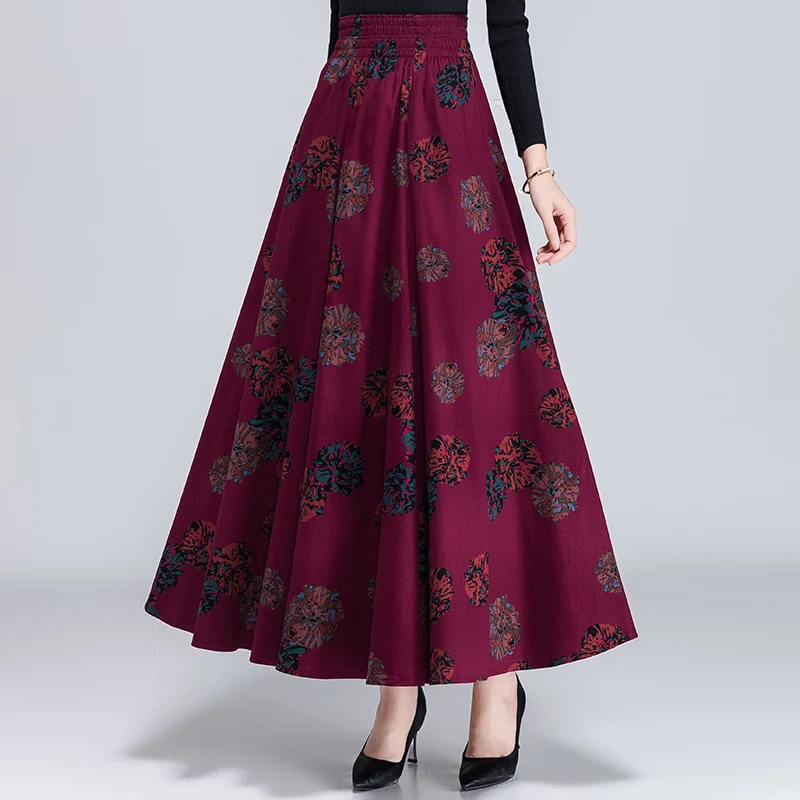 

Women Autumn Cotton Linen Floral Print Elastic High Waist A-Line Tent Casual Skirt