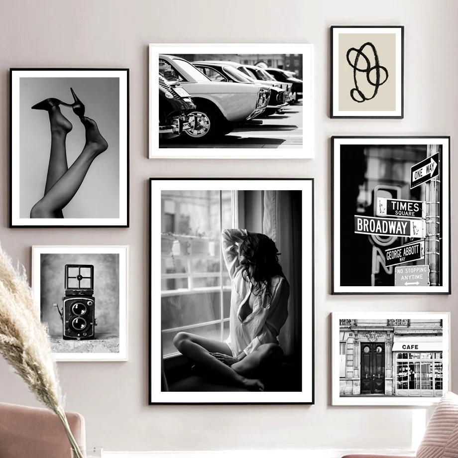 

Girl Black White Vintage Car Camera Coffee Art Canvas Painting Nordic Posters And Prints Wall Pictures For Living Room Decor