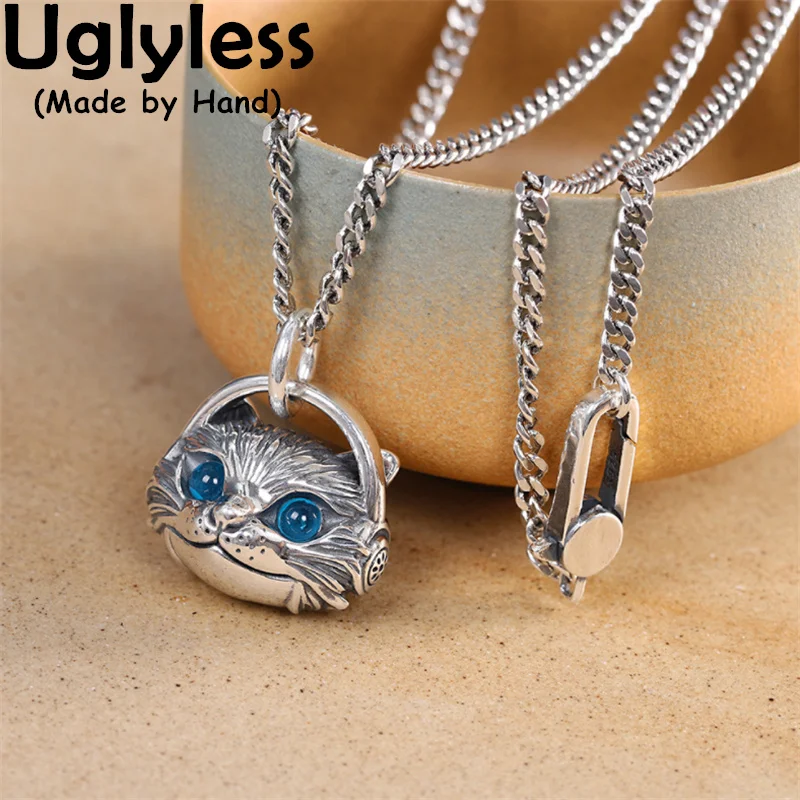 

Uglyless Unisex Music Cat Necklaces Men Women Thai Silver Kitty Animals Pendants 925 Silver HIP HOP Fashion Jewelry 60CM Chains
