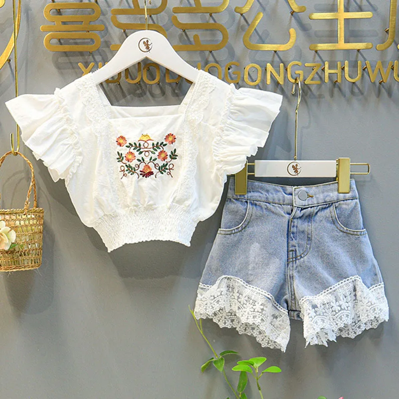 

Summer Kids Girl Children's Clothes Set Cute Kids Baby Girls Sleeveless Embroider Top + Cowboy Shorts Outfits Suits