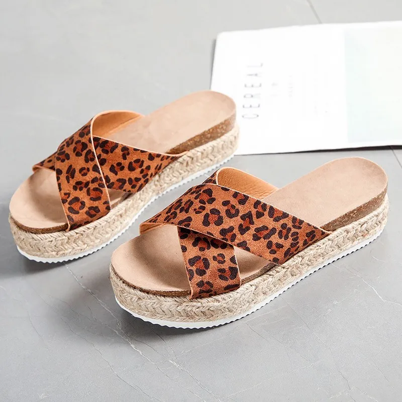 New Women Slippers Summer Woman Platform Leopards Slides Ladies Cross Band Wedges Women's High Increase Open Toe Shoes