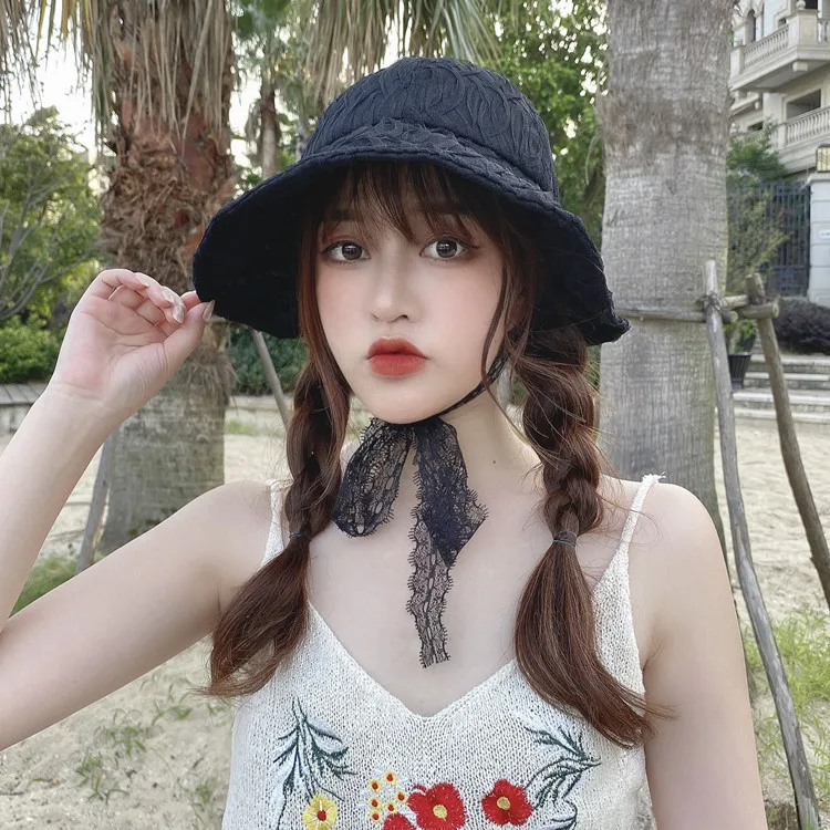 Women Floral Bucket Hat with Ribbon Retro Lace Wide Brim Visor Summer Sun Cap Fisherman Hat