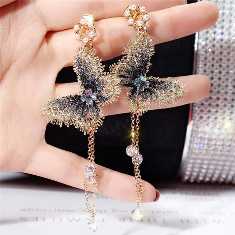butterfly Новые модные женские жемчужные серьги Вышивка Бабочка Кристалл, Длинная кисточка Висячие серьги ювелирные изделия для девочек подарок - Окраска металла: butterfly